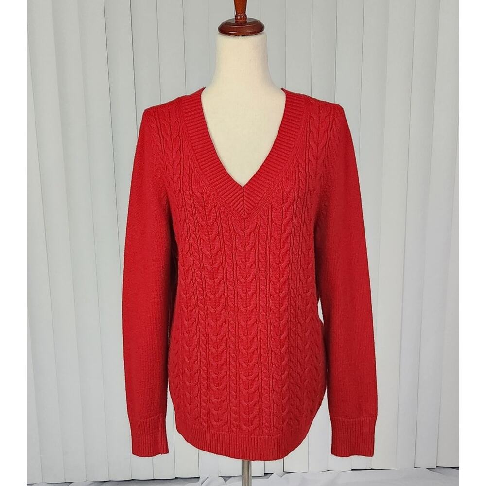 Talbots Cable-Knit Pullover Sweater Lambswool Blend V-Neck Red Women's Size XL